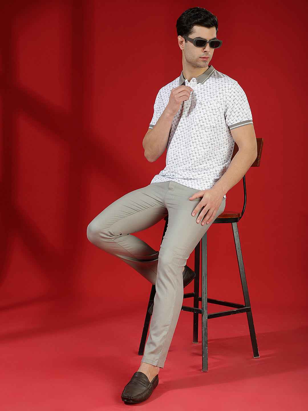 Grey Geometric Print Polo T-Shirt