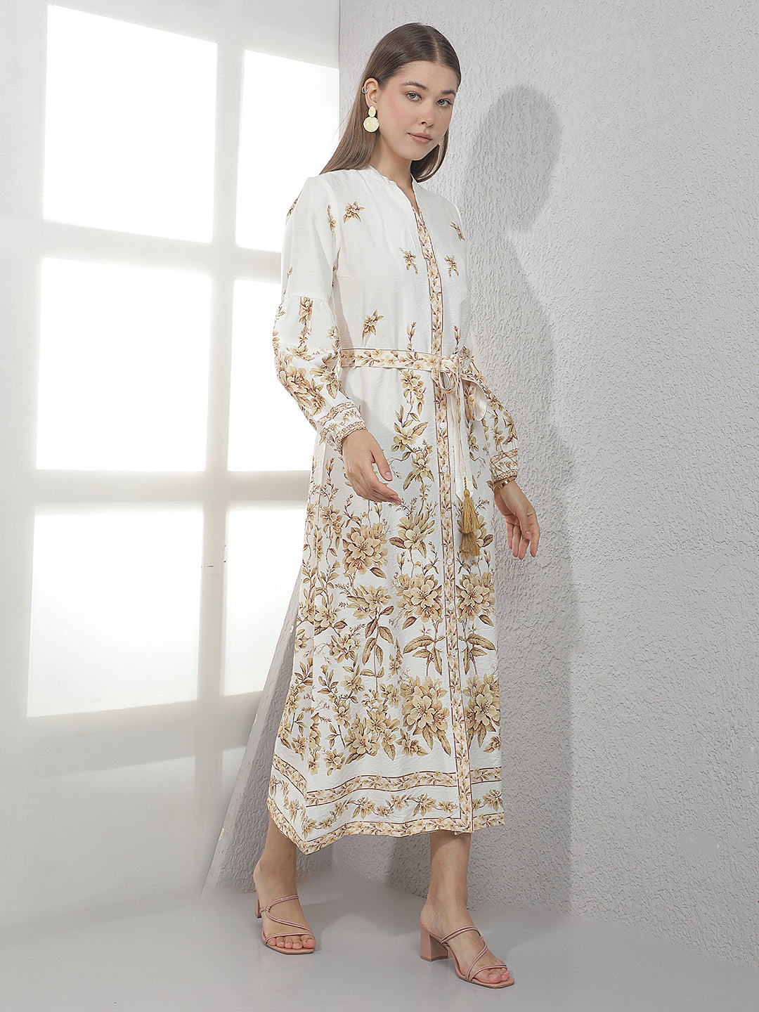 Cream Floral Print Midi Shirt Dress With Belt