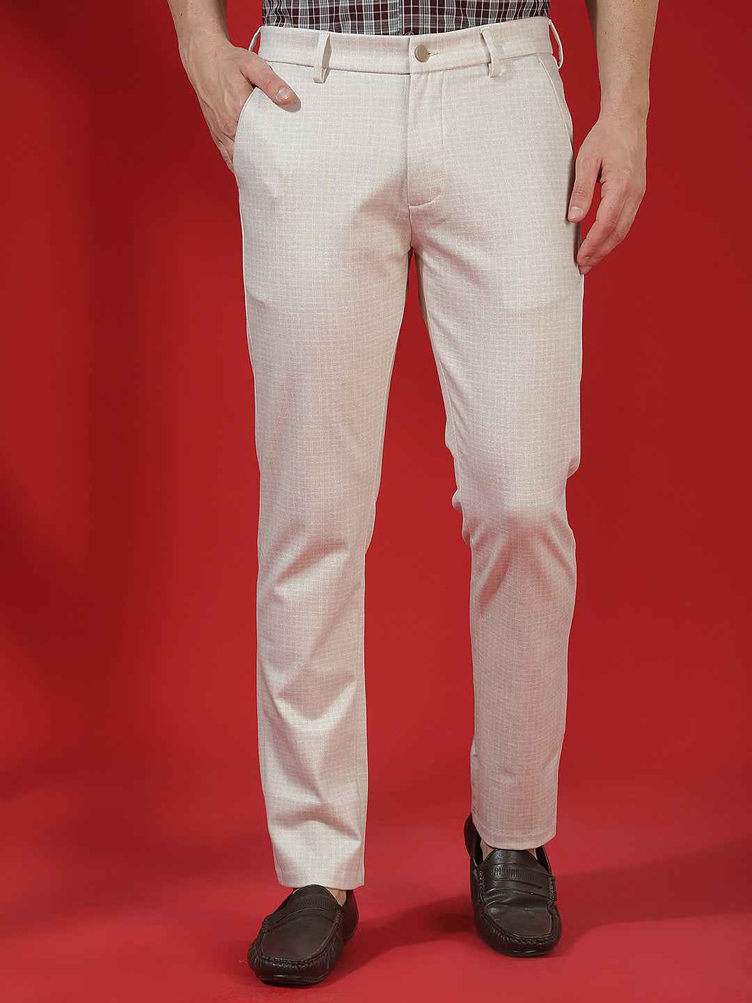 Beige Checked Knitted Trousers