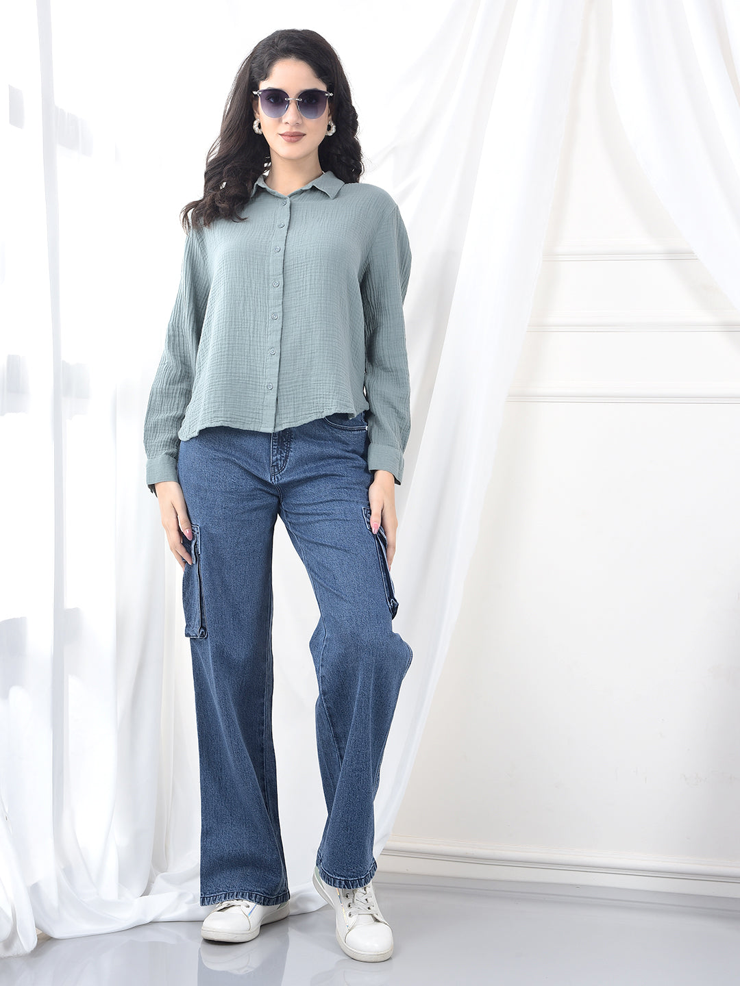 Sage Green Crinkled Textured Slim Fit Shirt