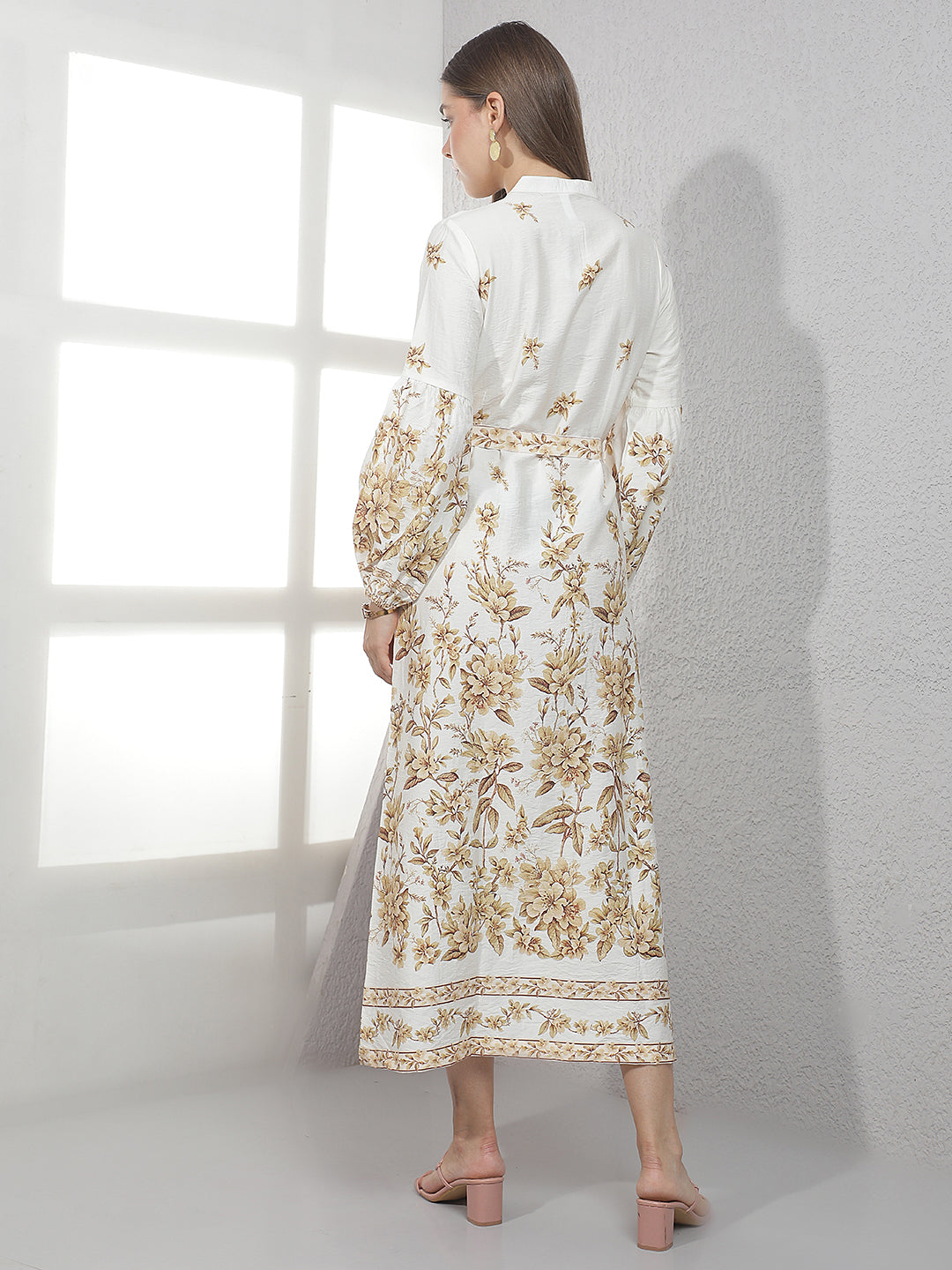 Cream Floral Print Midi Shirt Dress With Belt