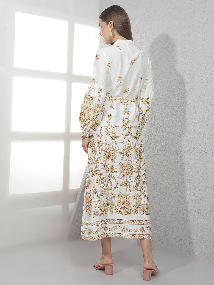Cream Floral Print Midi Shirt Dress With Belt