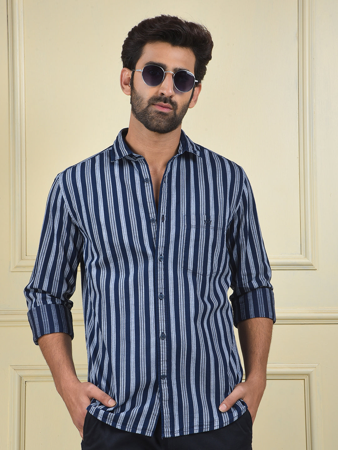 Navy Blue Vertical Stripes 100% Cotton Shirt