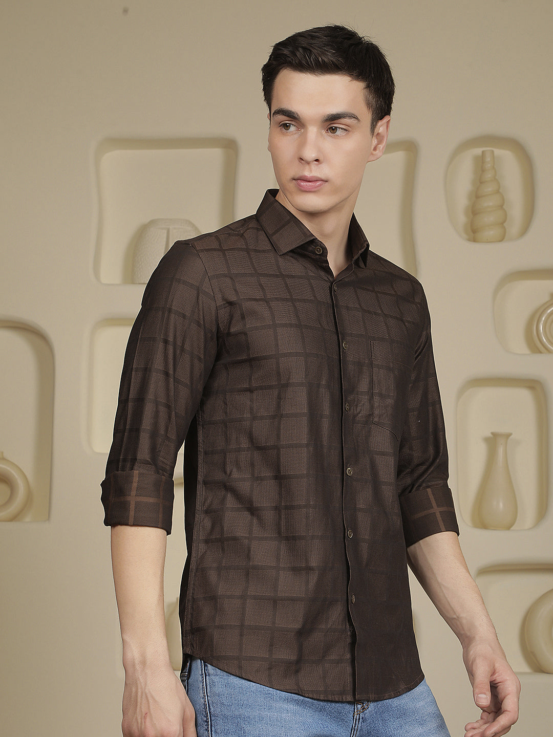 Brown Checked 100% Cotton Shirt