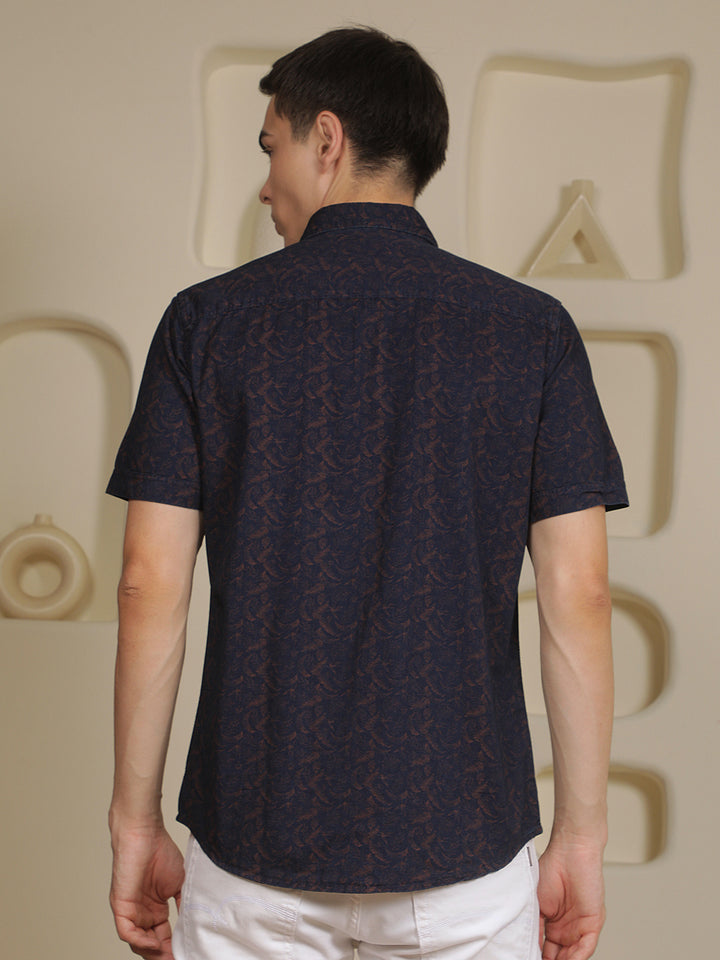 Navy Blue Floral Print 100% Cotton Shirt