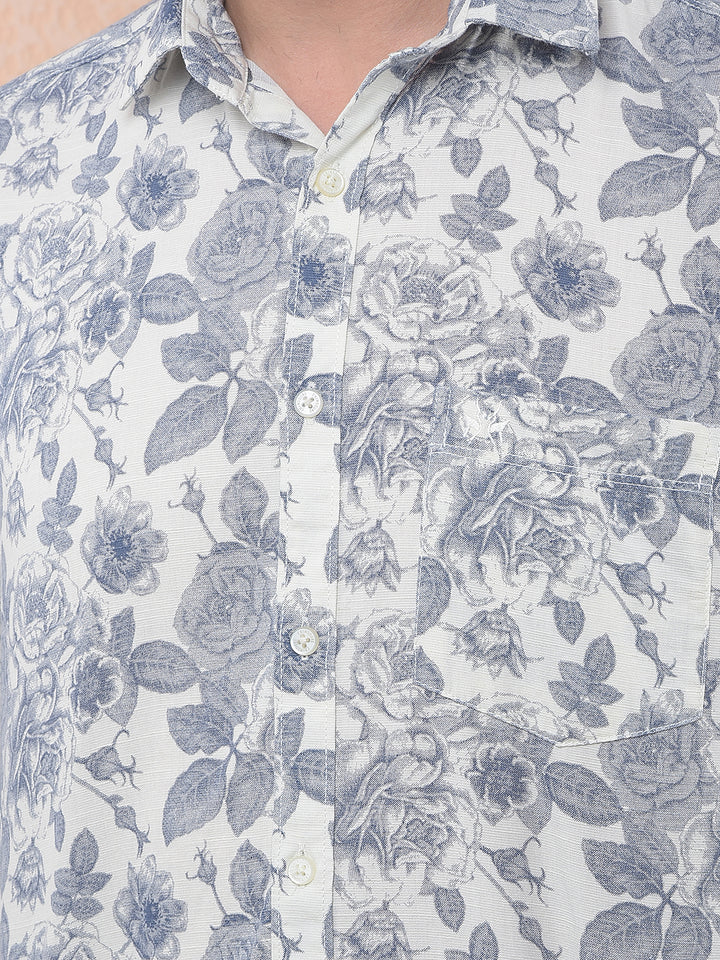 Blue Floral Print Linen Shirt