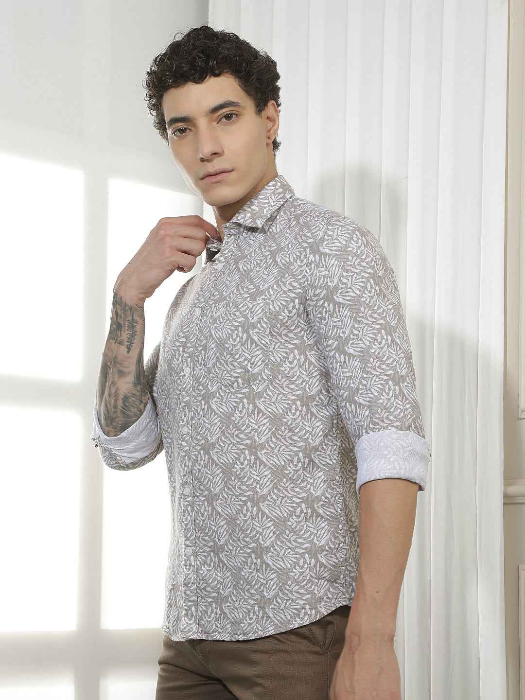 Tan Botanical Print 100% Cotton Shirt