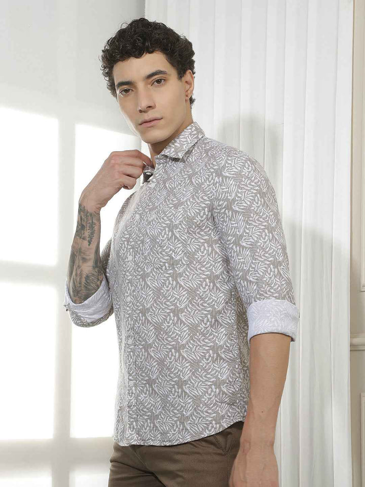 Tan Botanical Print 100% Cotton Shirt