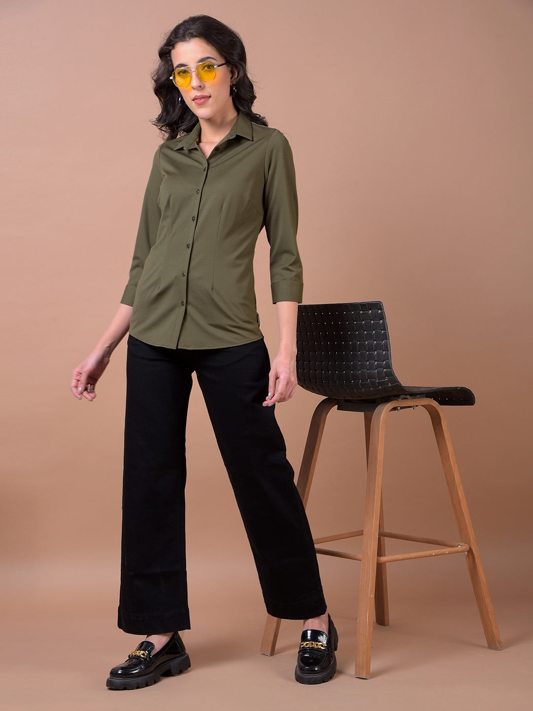 Olive Green Smart Casual Shirt-Women Shirts-Crimsoune Club
