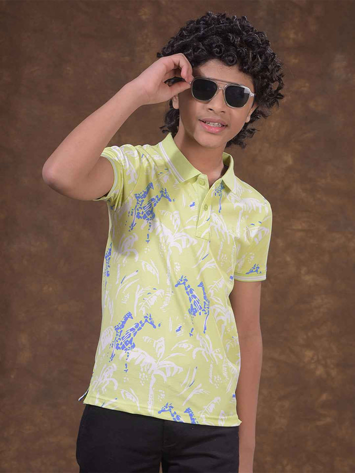Green Floral Print Polo Neck T-Shirt