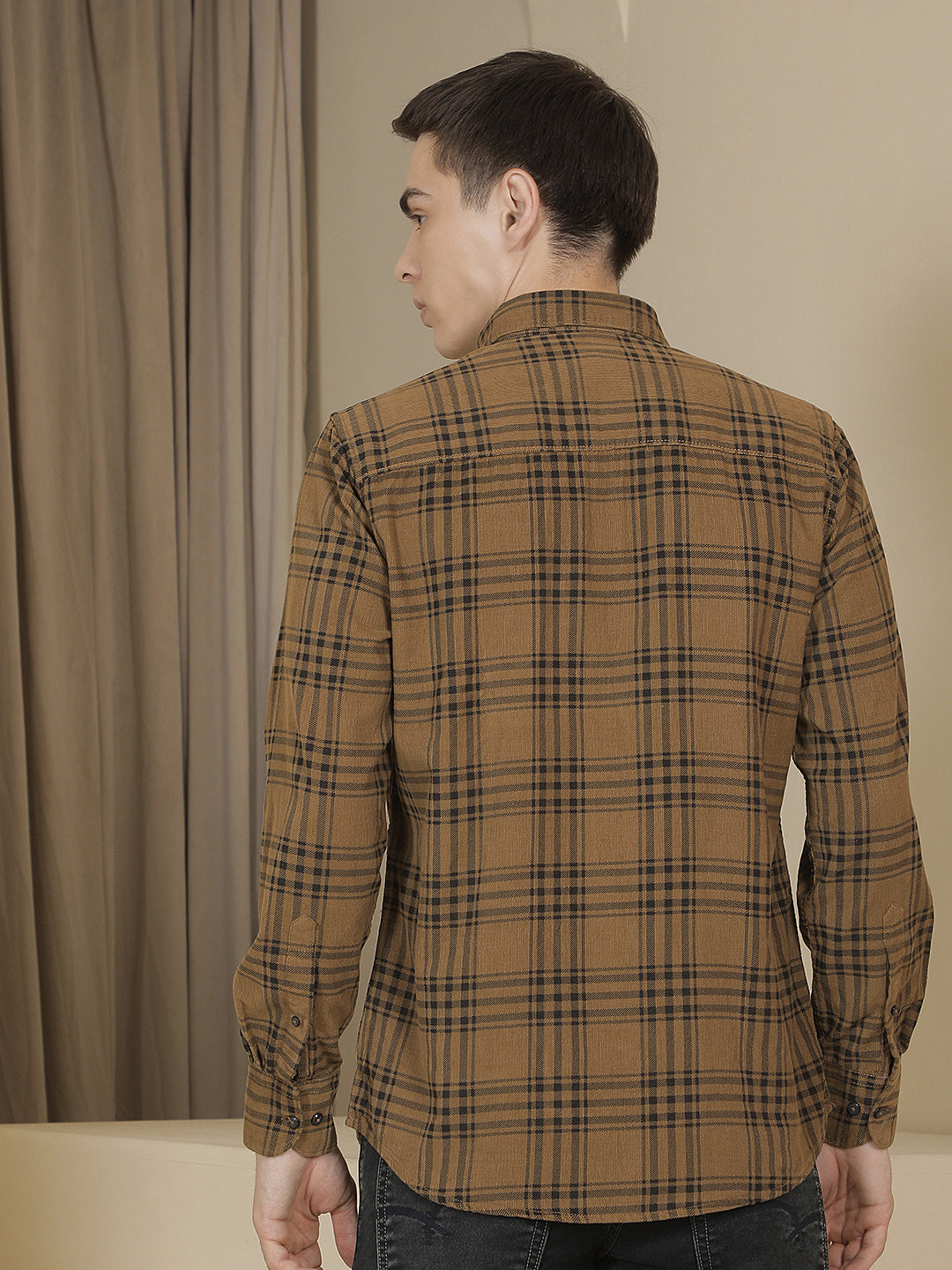 Brown Checked 100% Cotton Corduroy Shirt