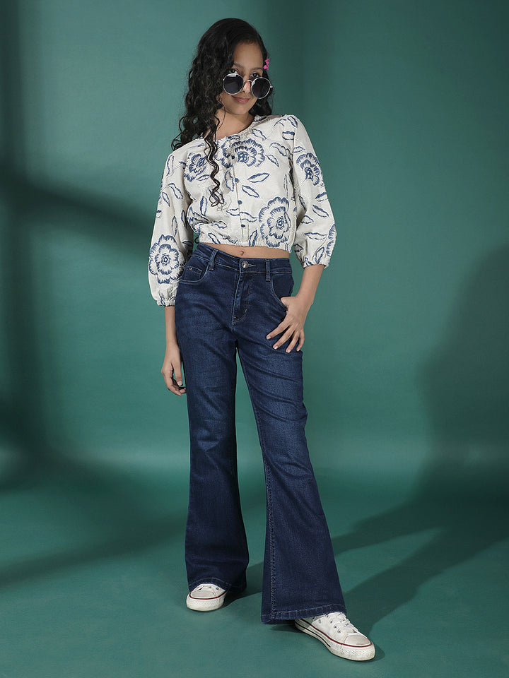 Blue Embroidered Linen Crop-Top