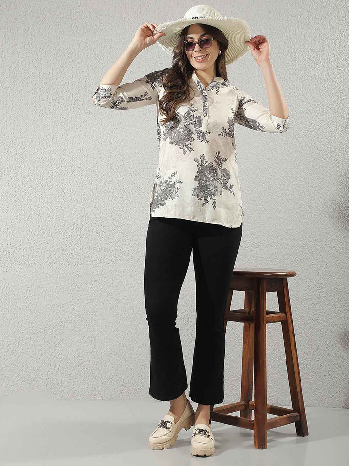Black Floral Printed V-Neck Top