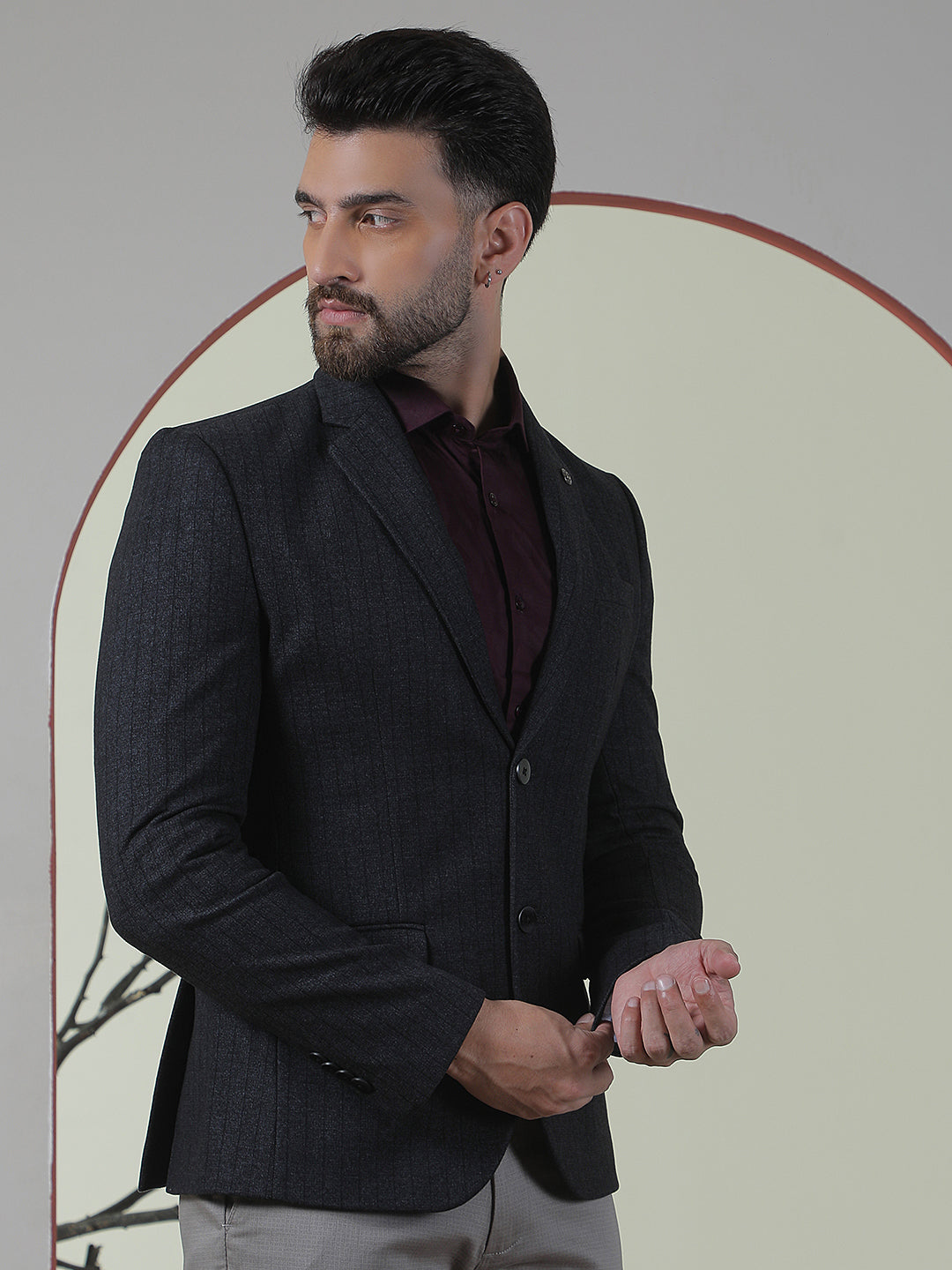 Grey Vertical Stripes Single Breasted Notch Lapel Blazer