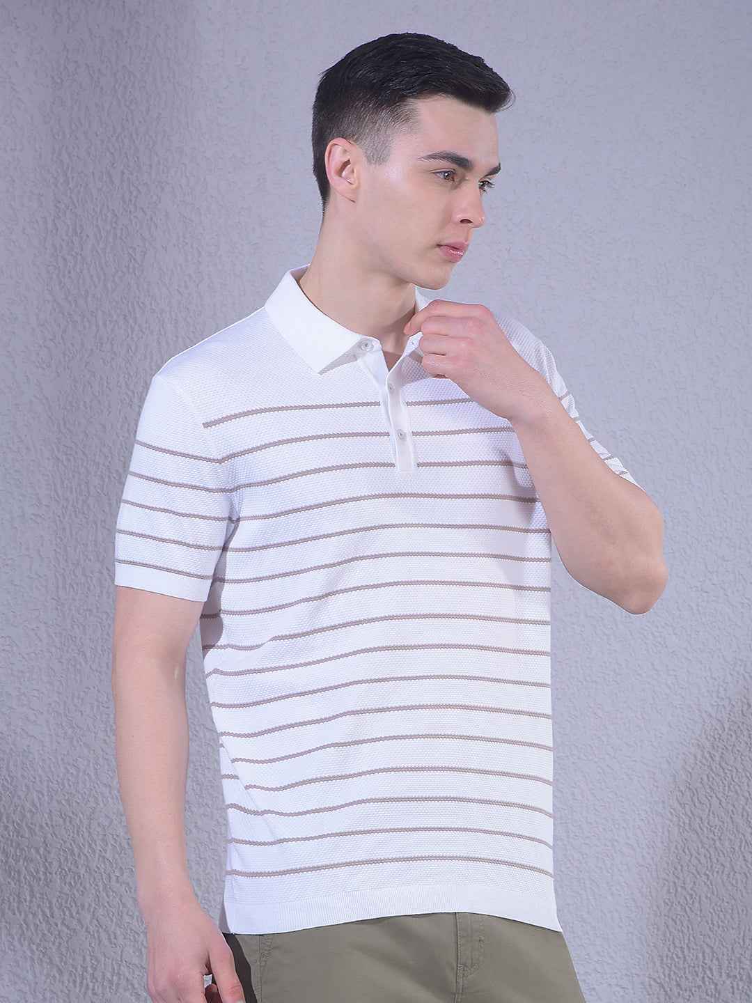 White Horizontal Stripes Polo Neck T-Shirt