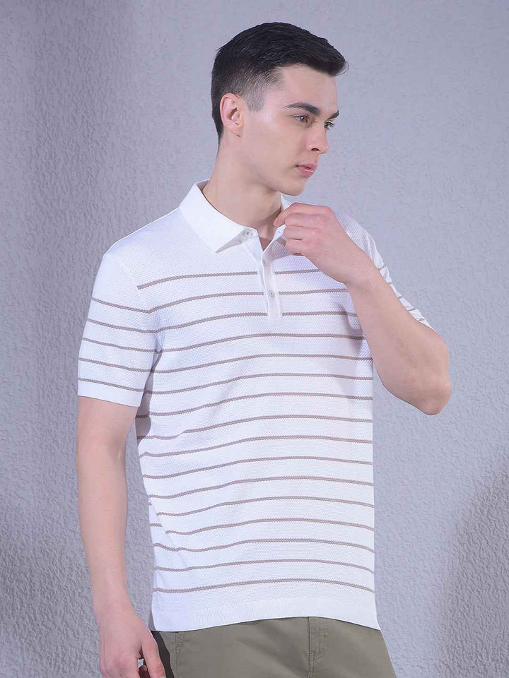 White Horizontal Stripes Polo Neck T-Shirt
