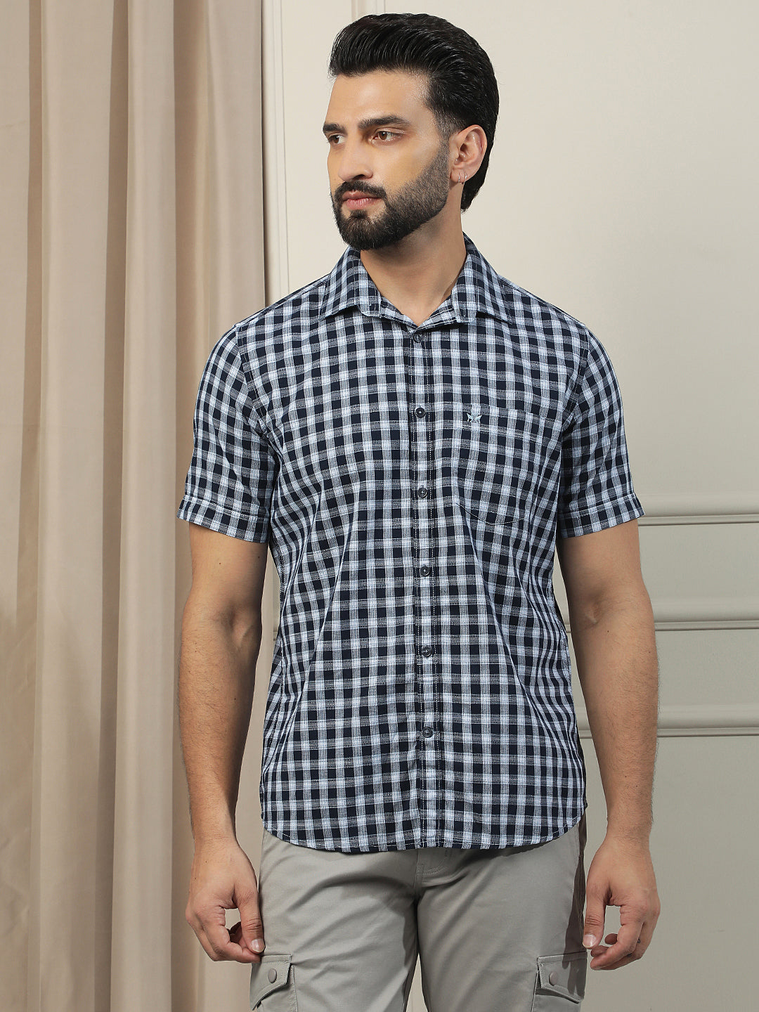 Navy Blue Checked 100% Cotton Shirt