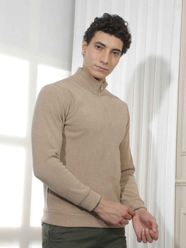 Beige Jacquard High Neck Sweatshirt