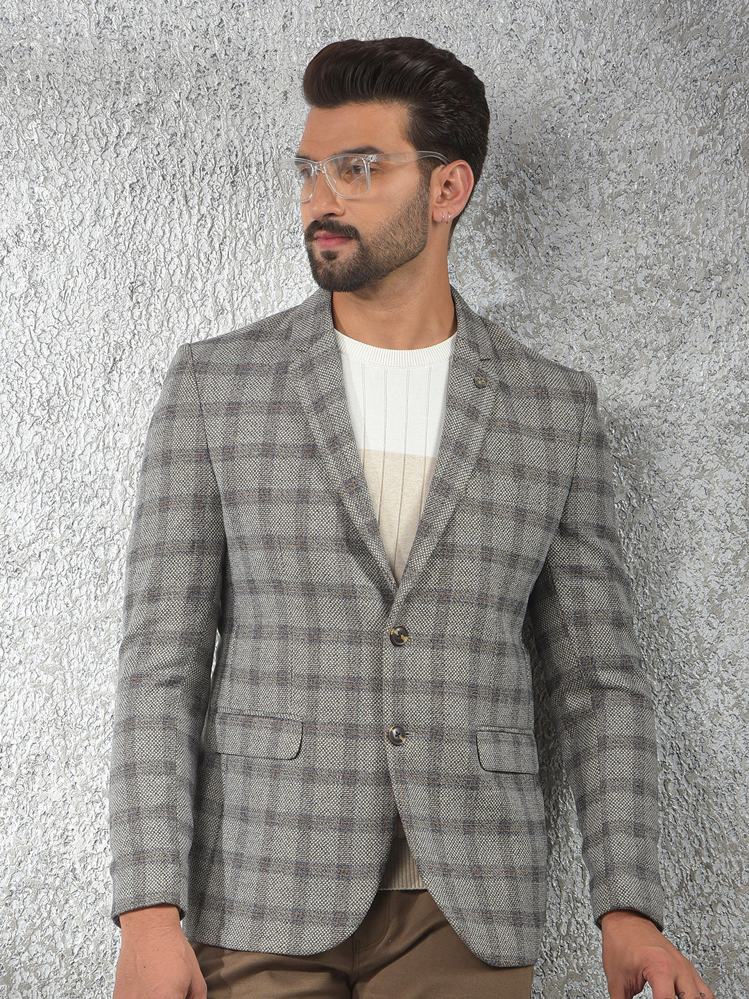 Grey Checked Notched Lapel Single-Breasted Blazer
