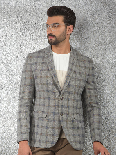 Grey Checked Notched Lapel Single-Breasted Blazer