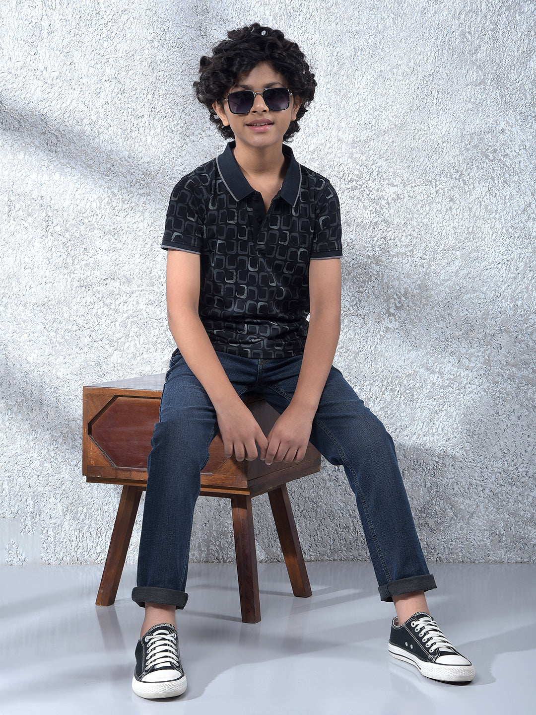 Black Printed Polo Neck T-Shirt