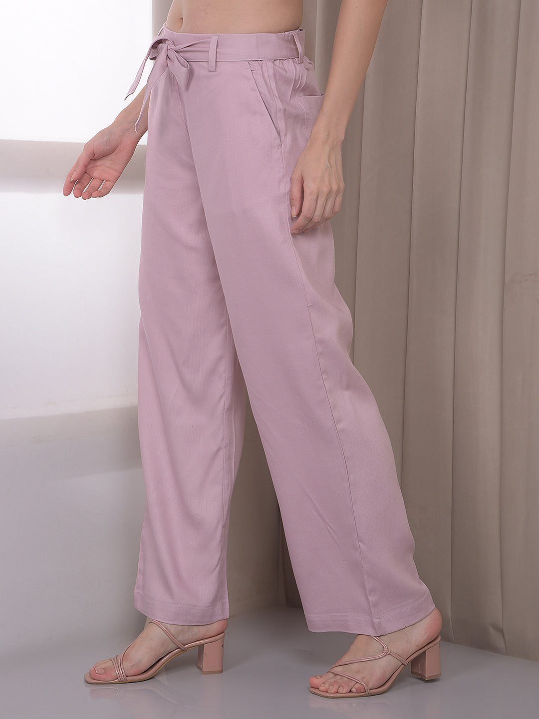 Pink Wide Leg Casual Trousers With Belt