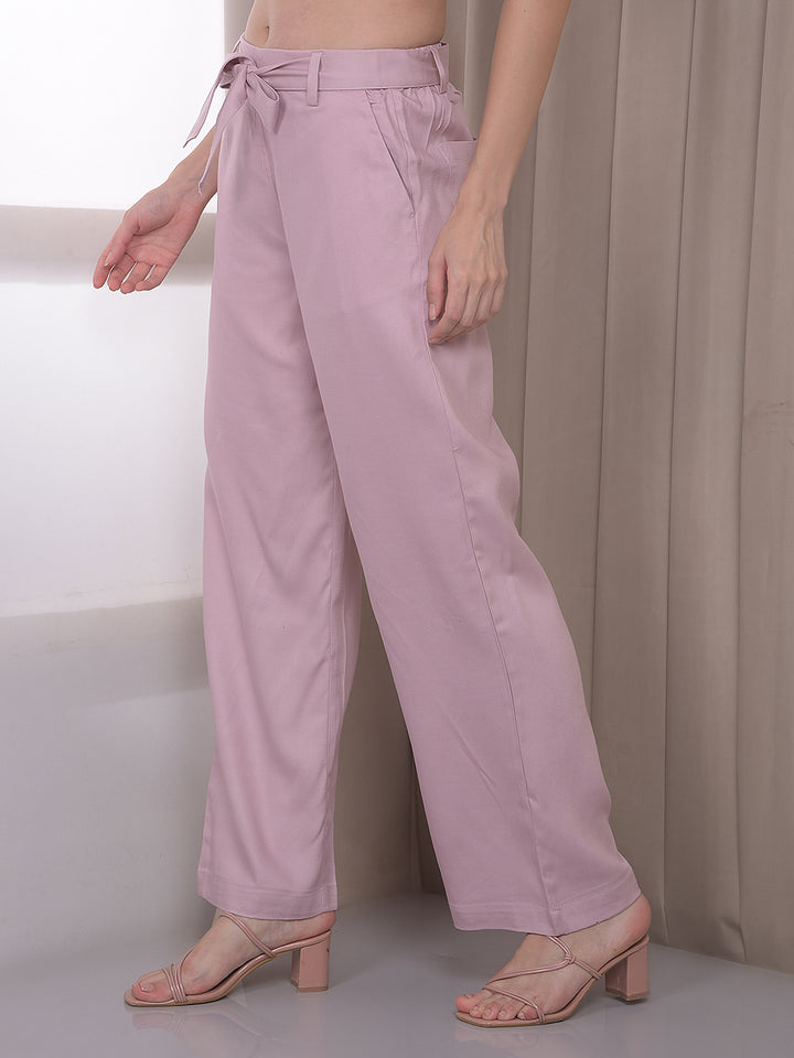 Pink Wide Leg Casual Trousers With Belt