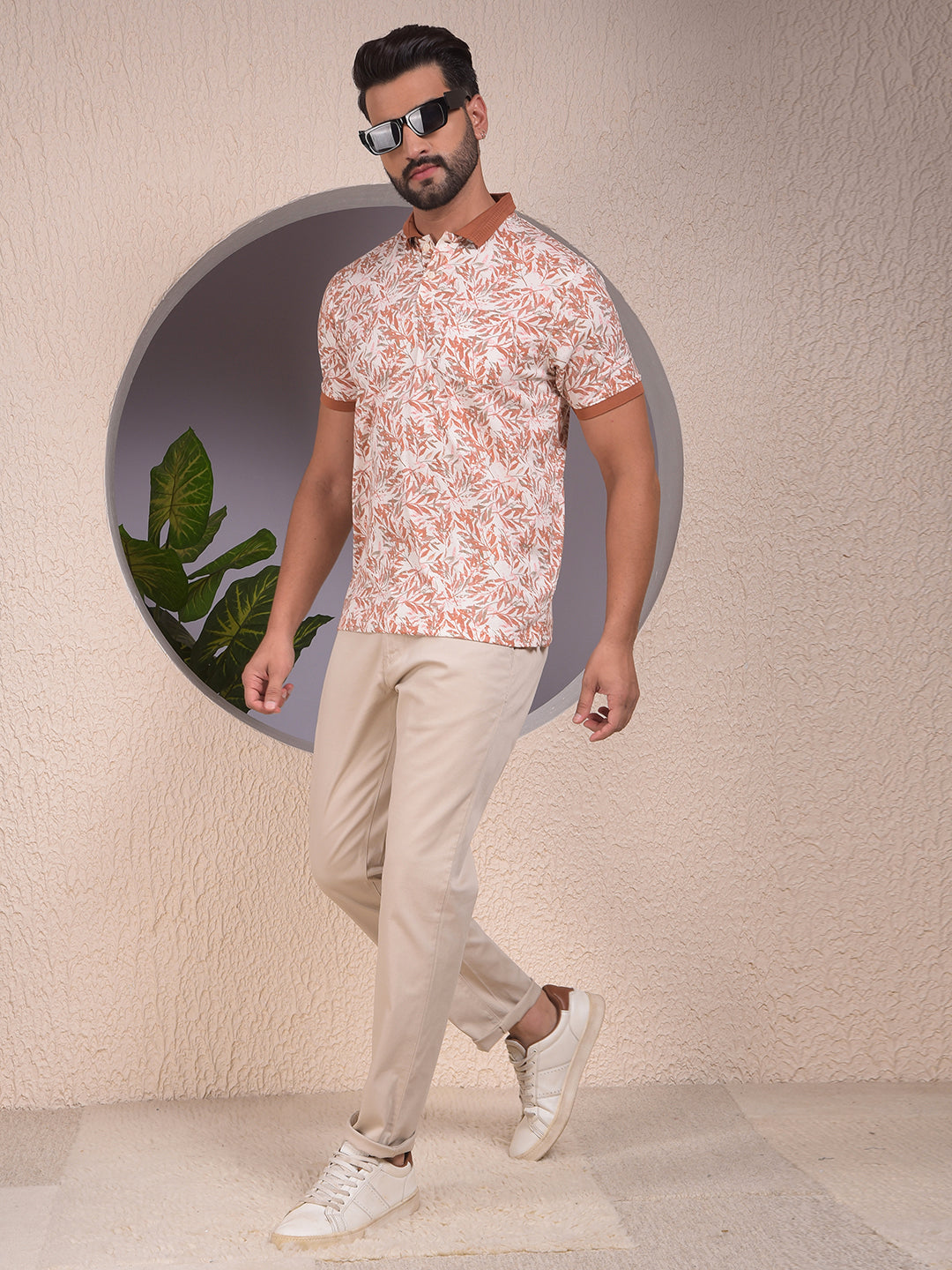 Orange Floral Print Polo Neck T-Shirt