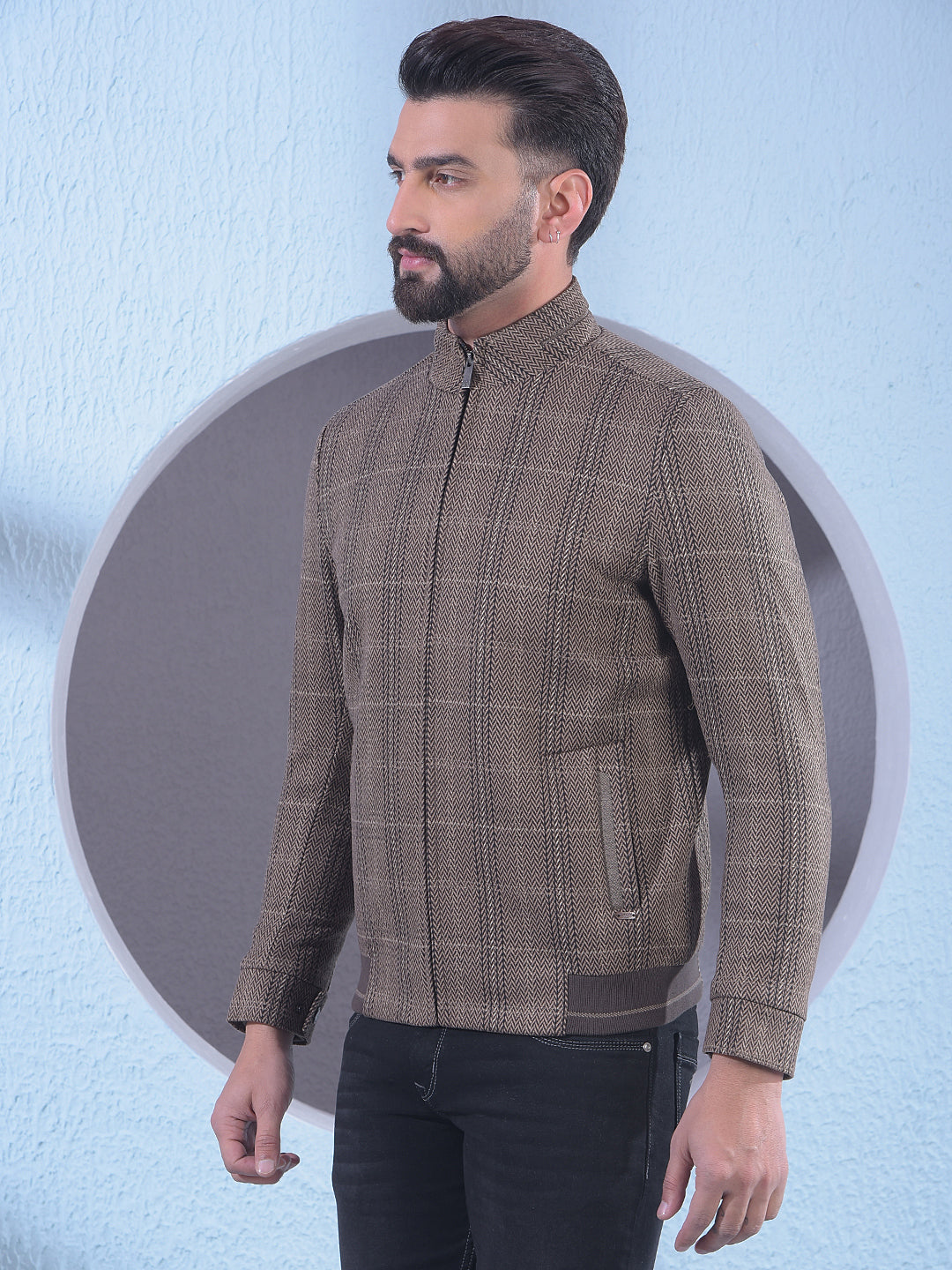 Brown Herringbone Check Bomber Jacket