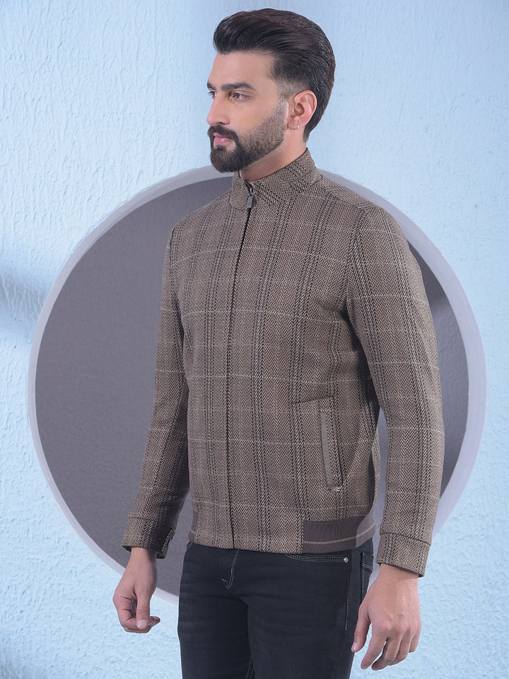 Brown Herringbone Check Bomber Jacket