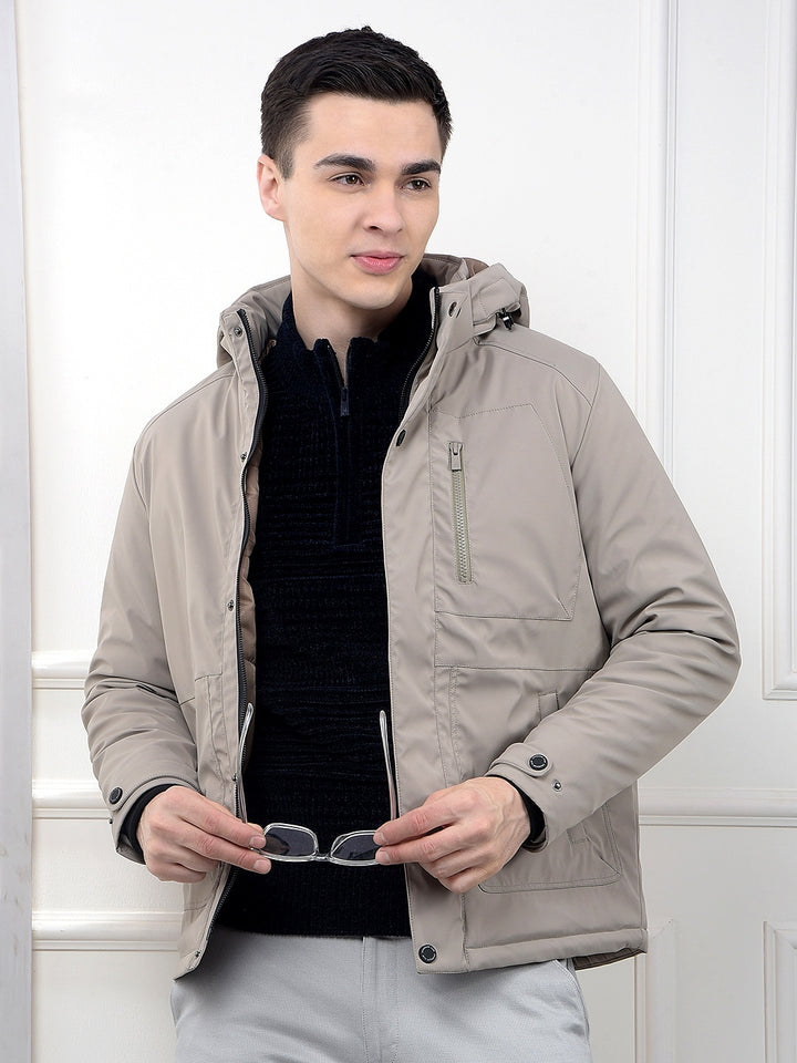 Beige Hooded Neck Puffer Jacket