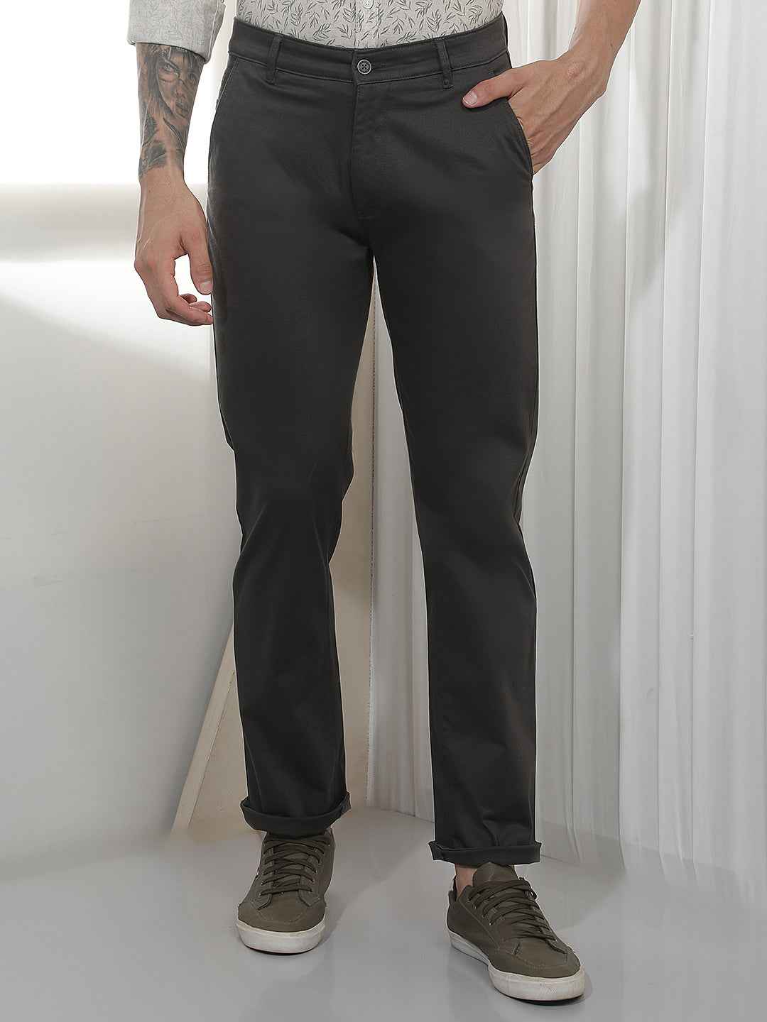 Grey Straight Cotton Trousers