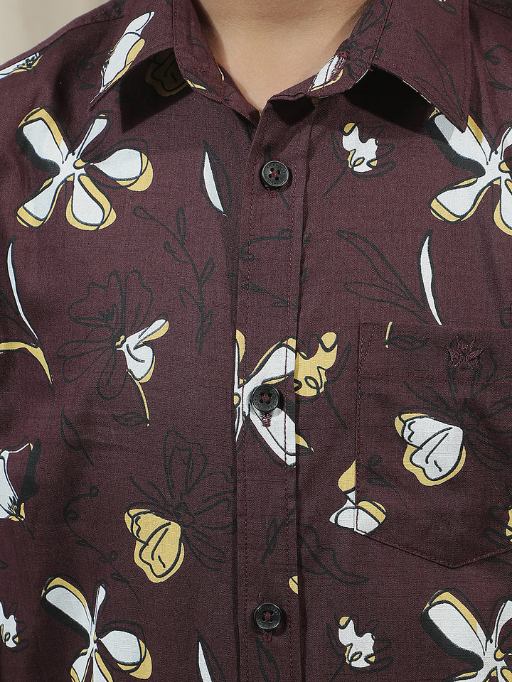 Maroon 100% Cotton Floral Print Shirt