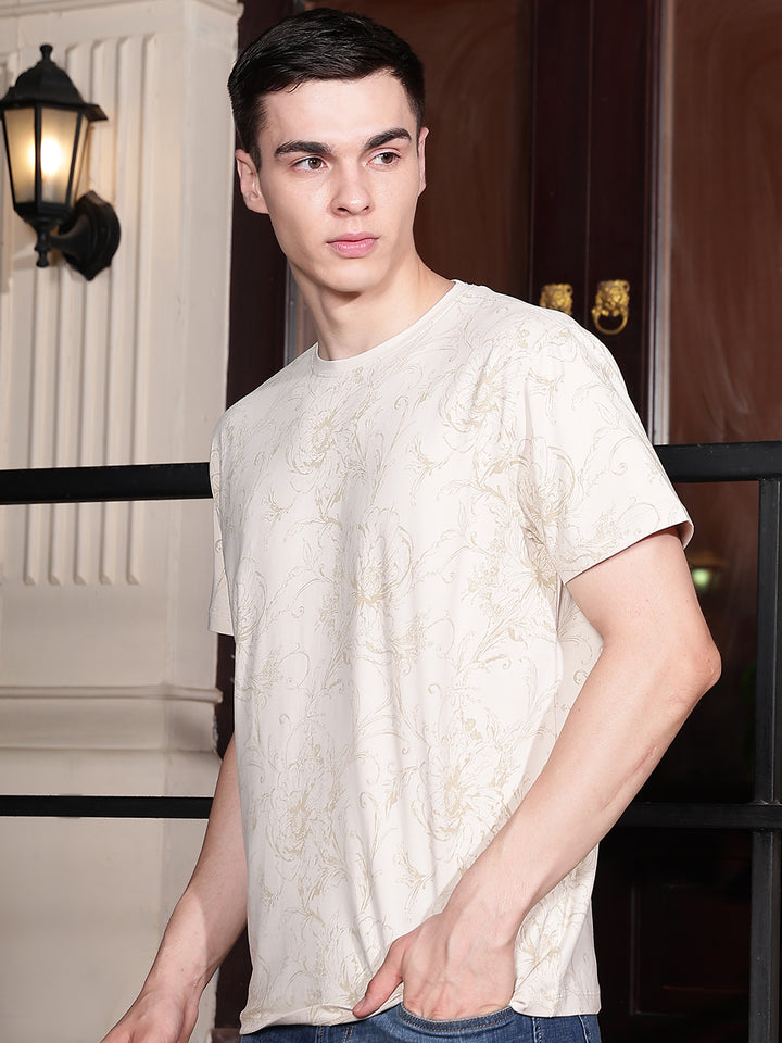 Off White Round Neck Floral Printed T-Shirt