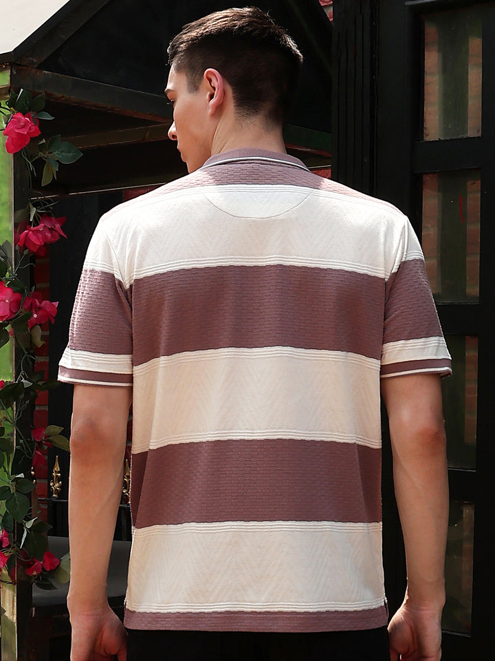 Purple Horizontal Striped Polo Neck T-Shirt