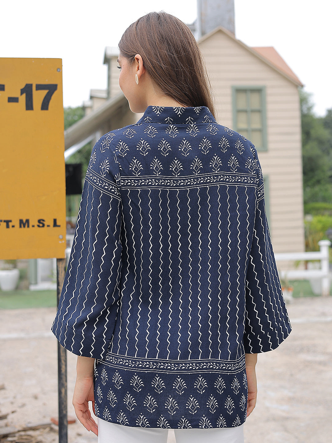 Navy Blue Motifs Print Shirt