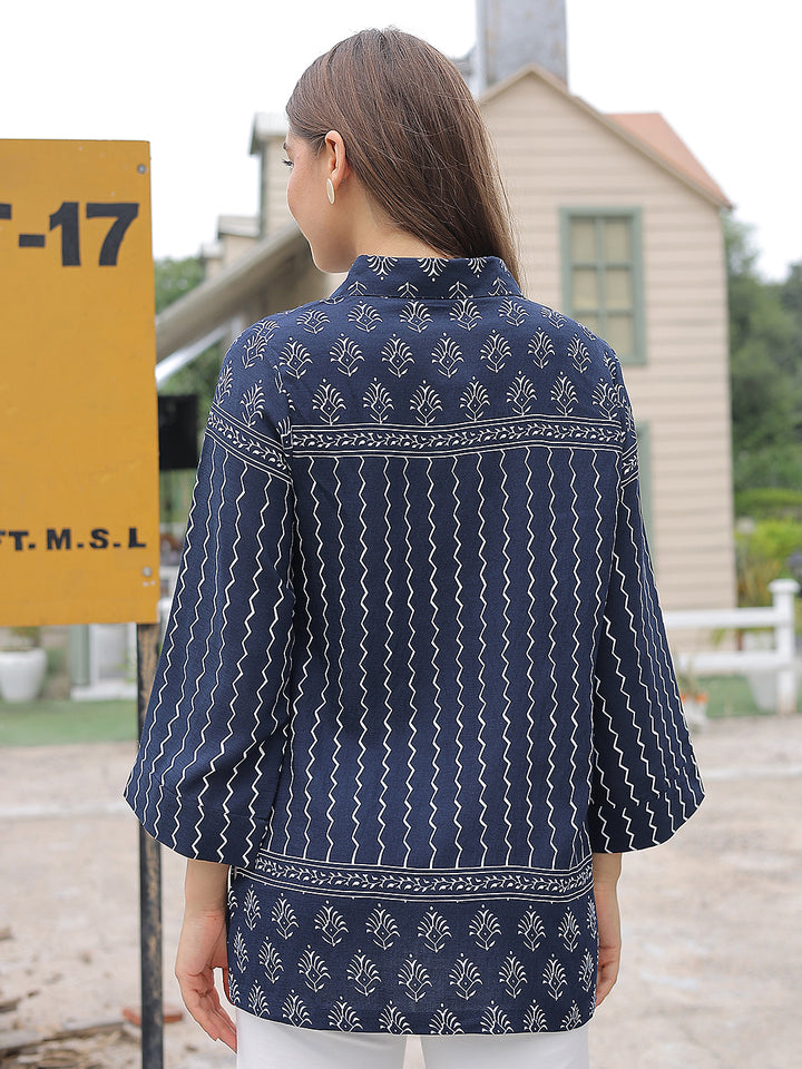 Navy Blue Motifs Print Shirt