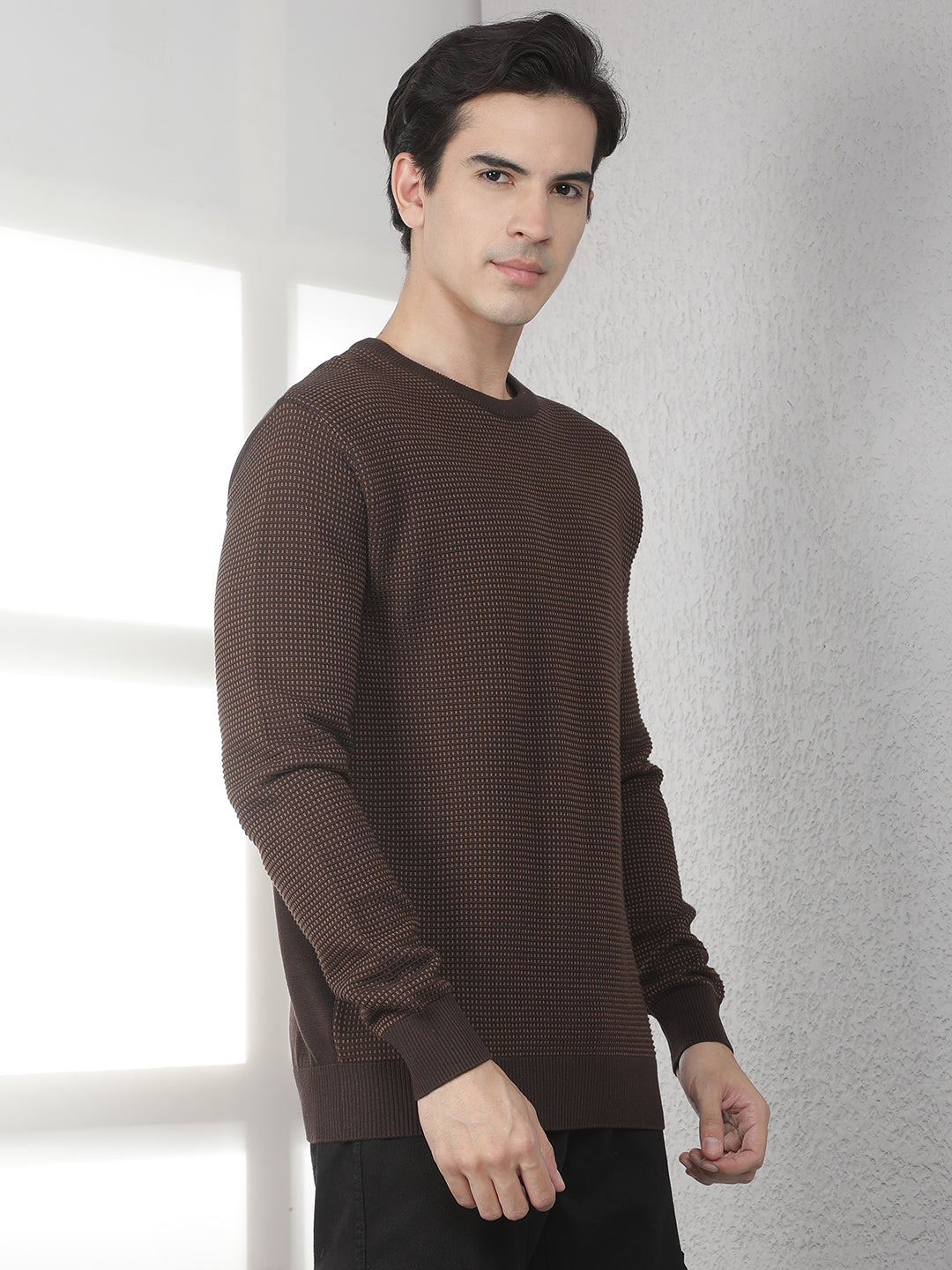 Brown 100% Cotton Textured Round Neck Sweater