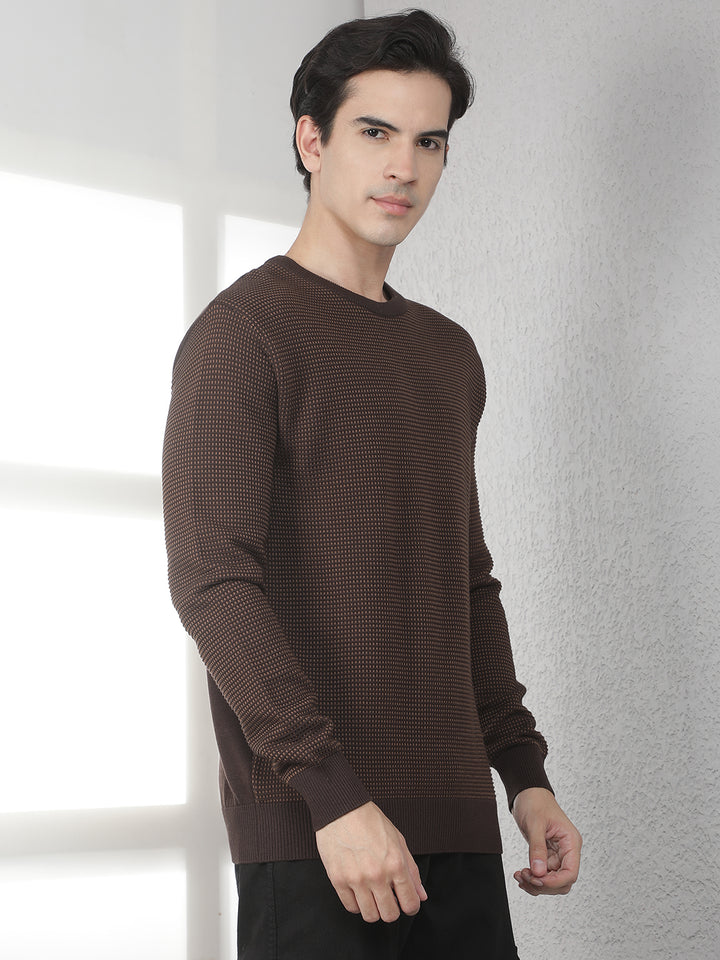 Brown 100% Cotton Textured Round Neck Sweater