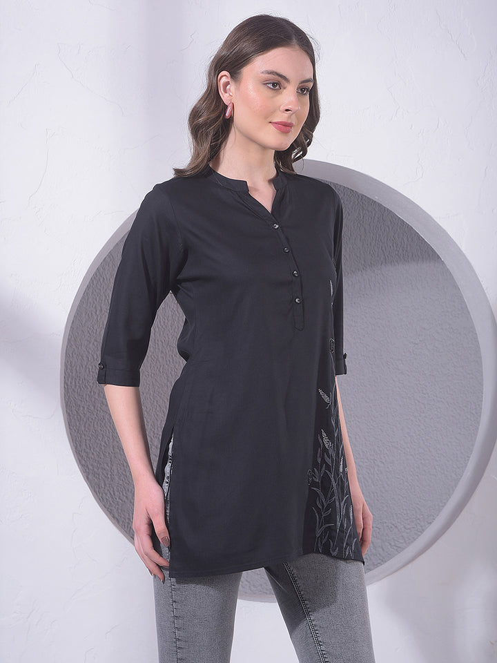 Black Embroidered Mid-Thigh Length V-Neck Top
