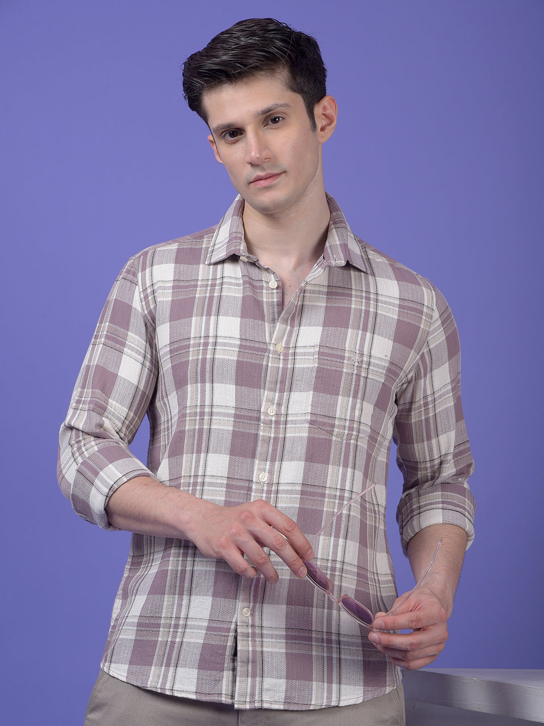 Purple Checked 100% Cotton Shirt