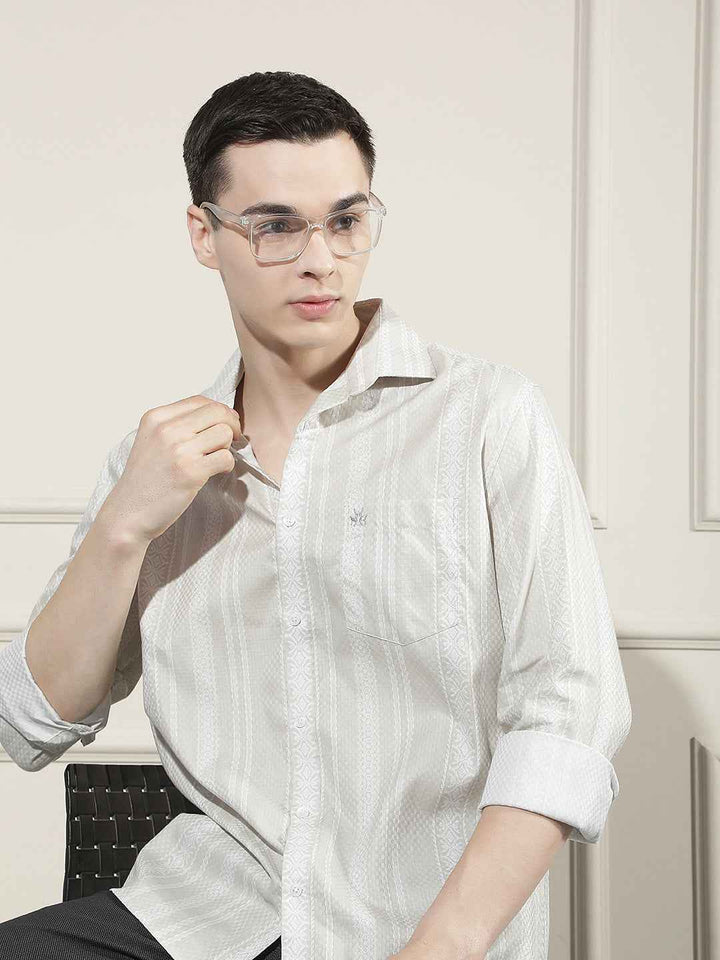 Beige Vertical Striped 100% Cotton Shirt