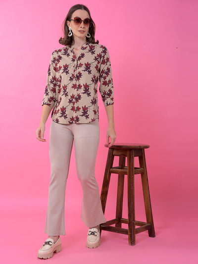 Beige Floral Print V-Neck Linen Top