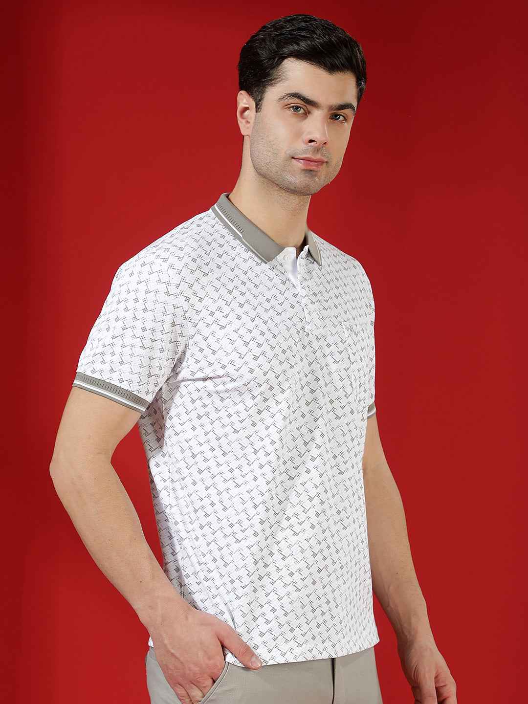 Grey Geometric Print Polo T-Shirt