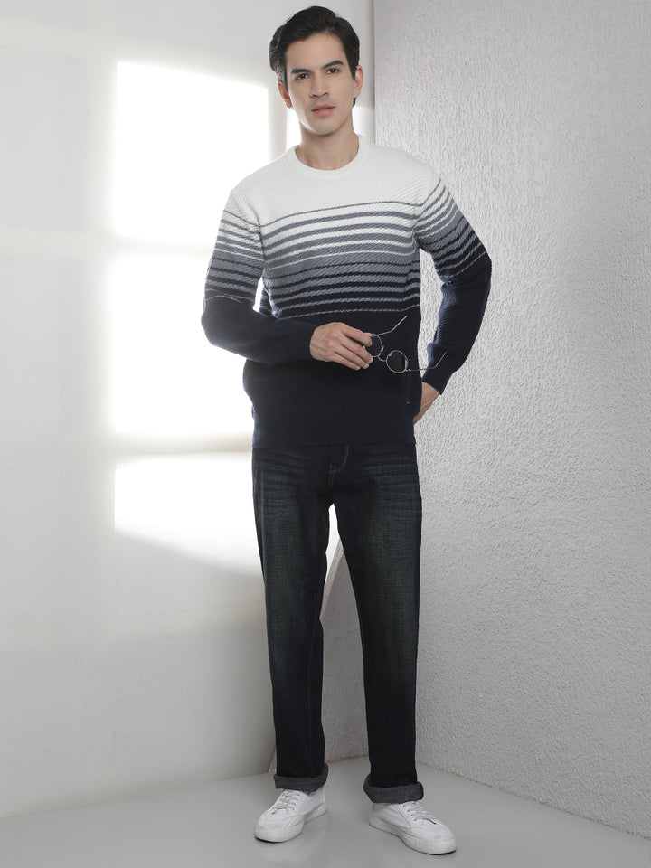 Navy Blue Horizontal Stripes Round Neck Sweater
