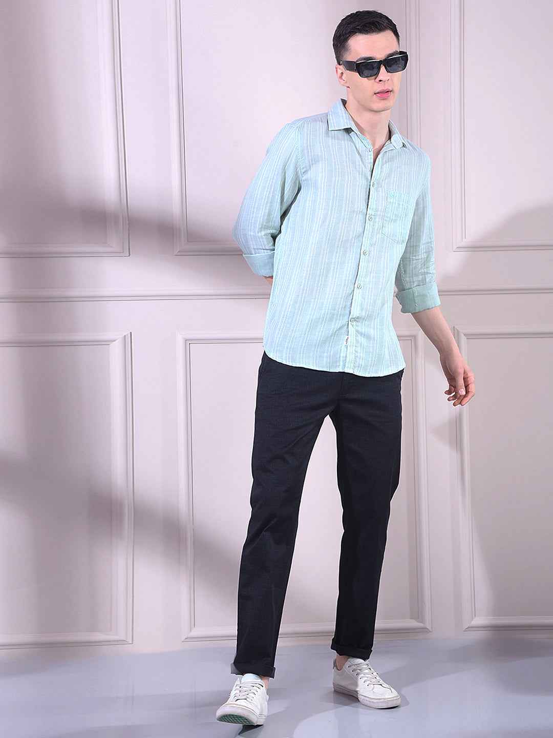 Green 100% Cotton Vertical Stripes Shirt