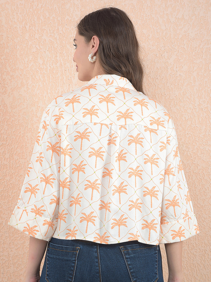 Printed Orange Crop Shirt With Extended Sleeves