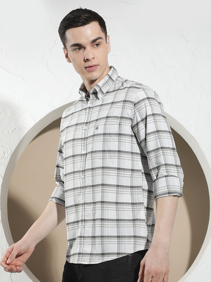 White Checked Button-Down Collar 100% Cotton Shirt