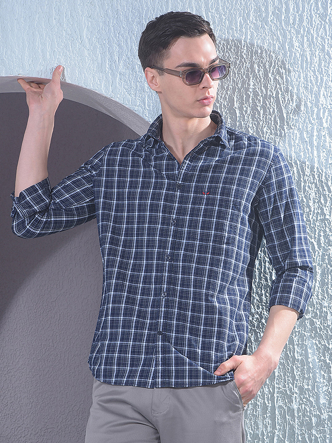 Navy Blue Checked 100% Cotton Shirt