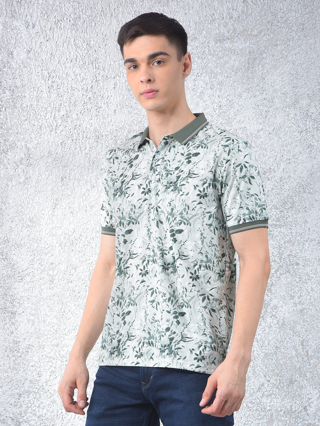 Olive Floral Print Polo-Neck T-Shirt